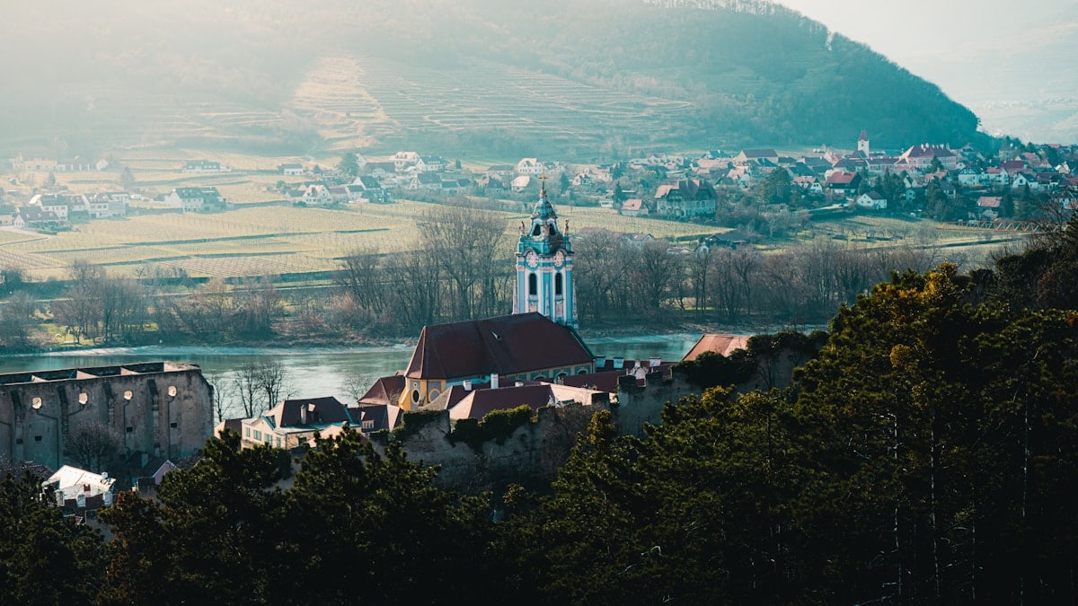a view of a town with a river running through it